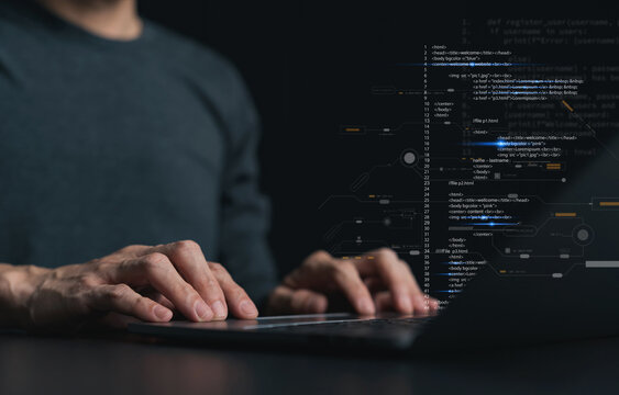 Software developer or programmer coding program with laptop. Data engineering Intelligence innovation. Computer programming, development software engineer or architecture, digital data tech management