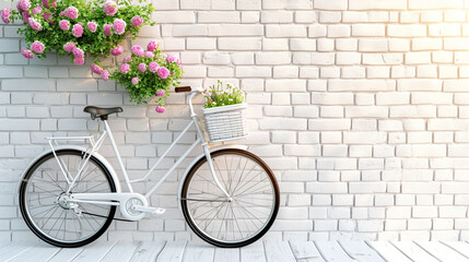 Fototapeta na wymiar bicycle and flowers in the brick wall 