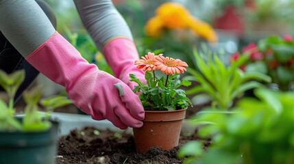 Close up woman hands in pink gloves planting a flower in pot while working in greenhouse. copy space for text. - Powered by Adobe