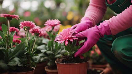 Close up woman hands in pink gloves planting a flower in pot while working in greenhouse. copy space for text.