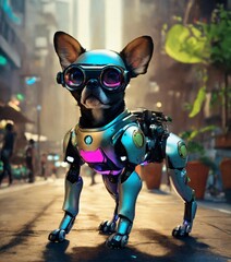 frog dog inu immaculate full body cyberpunk style robot with virtual reality glasses. - obrazy, fototapety, plakaty