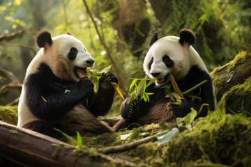 Foto auf Acrylglas Panda bear happily munching on fresh bamboo stalks in the forest, A panda bears peacefully munching on bamboo in a lush forest, Ai generated. © Tanu