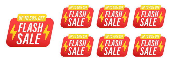 Flash Sale, deal of the day labels label different value set. 50, 20, 30, 40, 60, 70, 80 percent price cut out badge with lightning bolt decoration. Vector illustration