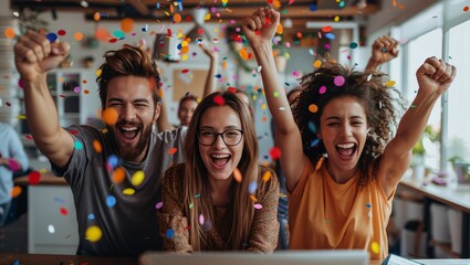 Energetic startup team celebrating a milestone, technology-rich workspace