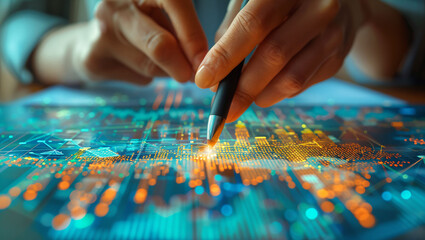 Entrepreneur drawing business models on a transparent digital board, innovative planning