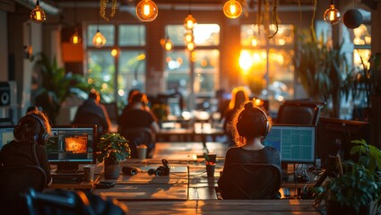 High-energy startup environment with teams engaged in technology-driven development