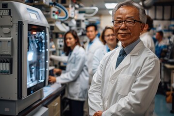 Fototapeta premium a renowned scientist leading groundbreaking research surrounded by their team and cuttingedge equipment representing leadership in innovation and discovery