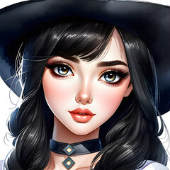 Ink Elegance: Watercolor Portraits of a Cute Girl Character with Black Hair in Various Outfits.(Generative AI)