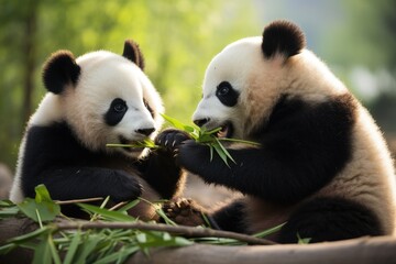 Panda bear happily munching on fresh bamboo stalks in the forest, A panda bears peacefully munching...