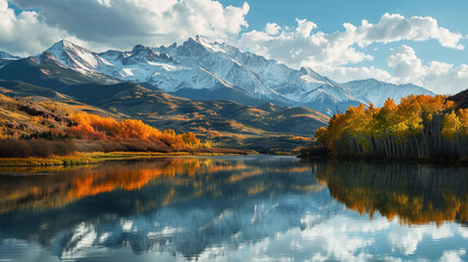 Naklejka premium autumn landscape with lake and mountains
