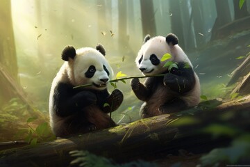 Panda bear happily munching on fresh bamboo stalks in the forest, A panda bears peacefully munching...