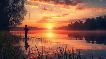 Fishing on the lake at sunset. Fishing background. copy space for text. image of lifestyle of Asia people. - obrazy, fototapety, plakaty
