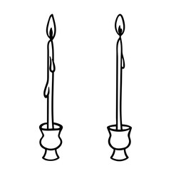Thin church candle in holder or candlestick isolated on white. Black line drawing sketch in doodle style. Vector illustration of Orthodox religion and traditions, christian holidays design, print.