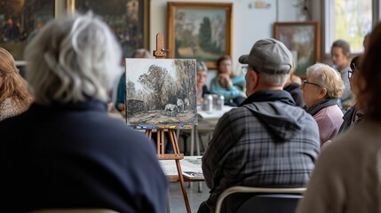 Group Of Retired Seniors Attending Art Class In Community Centre With Teacher. copy space for text.