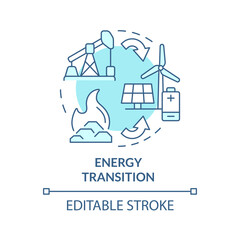 Energy transition soft blue concept icon. Green technologies, decarbonization. Ecofriendly batteries. Round shape line illustration. Abstract idea. Graphic design. Easy to use in brochure, booklet