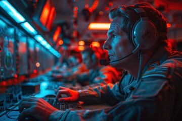a strategic air command center during a live operation focusing on the tension and focus of the team high stakes environment - obrazy, fototapety, plakaty