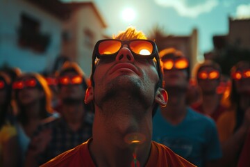  the excitement of a crowd watching a solar eclipse with special glasses symbolizing communal experiences in appreciating cosmic events - obrazy, fototapety, plakaty