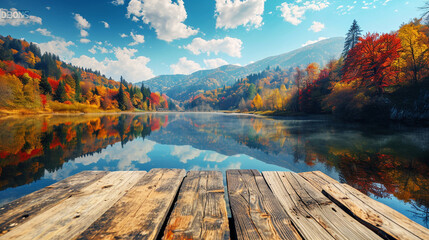 autumn landscape with lake and wooden desk 