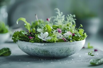 Delicate edible flowers garnish a fresh green leafy salad in a speckled bowl.Fresh Green Leafy Salad with Edible Flowers in a Speckled Ceramic Bowl on a Gray Surface.
