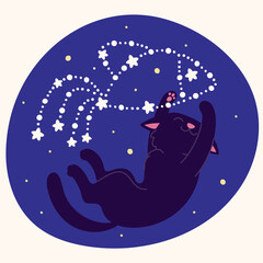 A sticker with a cute black cat in space that catches a constellation in the shape of a fish.
