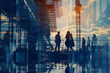 workers on construction site, engineering construction infrastructure silhouette of business people standing teamwork together multi exposure with industrial building construction in blue - obrazy, fototapety, plakaty