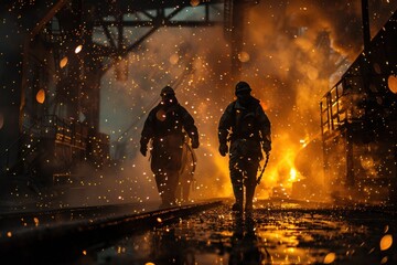 the gritty atmosphere of a steel mill with workers in protective gear amidst showers of sparks highlighting the harsh beauty of industry