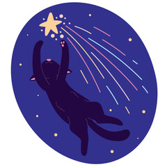 A sticker with a cute character, a black cat, who flies in space among the stars and catches a comet with his paws.