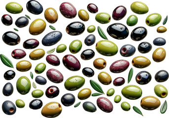 Set of many olives - black olives, green olives, natural olives, brown kalamata olives and olive leaves on a transparent background png