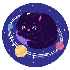 A sticker with a cute black cat in space in the form of a planet, around which satellites fly.