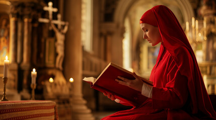 Pretessa in Rosso si applica ai suoi studi benefici e protettivi nella Chiesa, la sua Casa. - obrazy, fototapety, plakaty