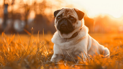 Dog pug at sunset - obrazy, fototapety, plakaty