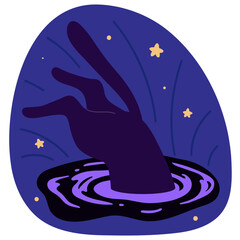 A sticker with a black cat character jumping into a black hole in space among the stars.