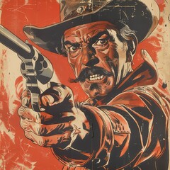 Obraz premium Vintage Cowboy Poster, 1960 Western Movie Poster of a Cowboy with an Intense, Worried Expression