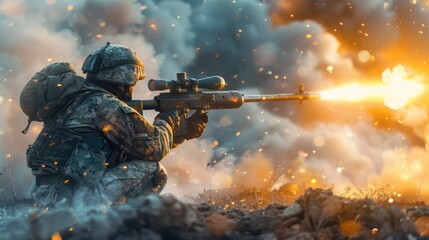view of a soldier using generic military portable rocket launcher defense system shooting missiles during a special operation, wide poster design - obrazy, fototapety, plakaty