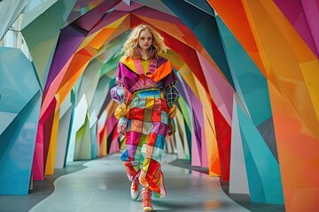 Fototapeta premium Fashion Show, New Collection Demonstration, Unusual Clothes, Bright Outfit, Uncomfortable