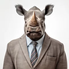 Stoff pro Meter Portrait of a rhino in a business suit. An old traditional businessman Rhinoceros in a suit and tie. Professional Rhino character dressed in business attire. Generative AI. © Surachetsh