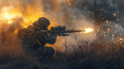 Deurstickers view of a soldier using generic military portable rocket launcher defense system shooting missiles during a special operation, wide poster design © sirisakboakaew