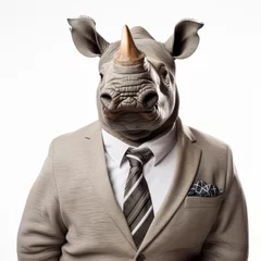 Keuken spatwand met foto Portrait of a rhino in a business suit. An old traditional businessman Rhinoceros in a suit and tie. Professional Rhino character dressed in business attire. Generative AI. © Surachetsh