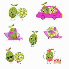 Cute cartoon limes characters set, collection. Flat vector illustration. Activities, playing musical instruments, sports, funny fruits.