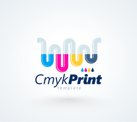 Logo СMYK Print Polygraphy theme. Ink is flowing through tube. Template design vector. White background.