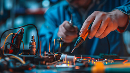 Electrical tester screwdriver on technician desktop - obrazy, fototapety, plakaty