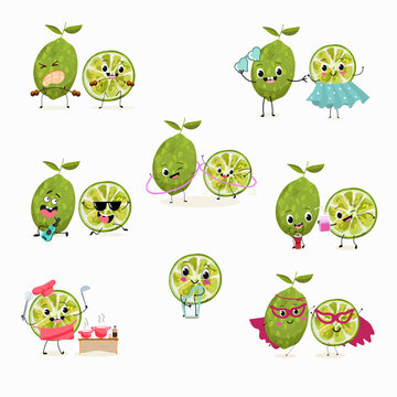 Cute cartoon limes characters set, collection. Flat vector illustration. Activities, playing musical instruments, sports, funny fruits.