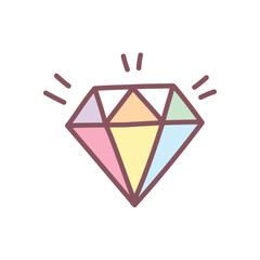 Cute diamond icon. Hand drawn illustration of a shining crystal isolated on a white background. Kawaii sticker. Vector 10 EPS.