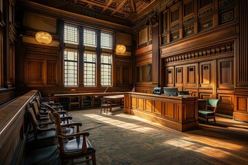 American Courtroom, Empty Courthouse, Supreme Court of Law and Justice Trial Stand, Grand Wooden Interior - obrazy, fototapety, plakaty