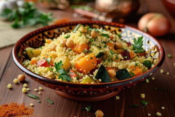 Moroccan Couscous with Vegetables and Aromatic Herbs, Traditional Cuscus, Moroccan Bulgur