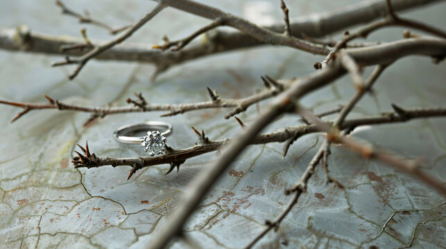 Engagement rings on white board and branch with thorns