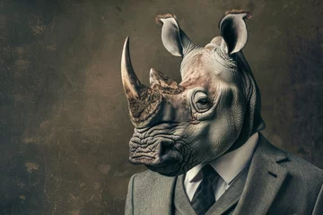 Wandcirkels tuinposter Portrait of a rhino in a business suit. An old traditional businessman Rhinoceros in a suit and tie. Professional Rhino character dressed in business attire. Generative AI. © Surachetsh