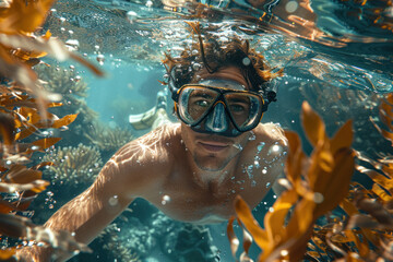 Caucasian man in a mask swims on a coral reef