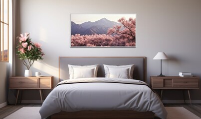 a wall mounted canvas print in a modern bedroom setting 