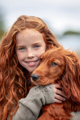 Pretty freckled girl with long red hair holding her Irish setter dog of the same hair colour. Dog and owner look alike.